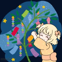 Rule 34 | 1girl, ^ ^, arms up, blonde hair, blush, bow, brown bow, brown kimono, chibi, closed eyes, closed mouth, commentary request, gochuumon wa usagi desu ka?, hair bow, japanese clothes, kimono, kirima syaro, mitya, obi, polka dot, polka dot kimono, sash, smile, solo, star (sky), star (symbol), tanabata, tanzaku, two side up