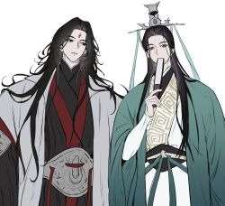 2boys black_hair black_hanfu black_sash chinese_clothes closed_mouth coat covering_own_mouth cowboy_shot facial_mark folded_fan folding_fan forehead_mark green_hanfu green_ribbon grey_eyes hand_fan hanfu highres hilong holding holding_fan korean_commentary long_hair long_sleeves looking_at_another luo_binghe male_focus multiple_boys red_eyes renzha_fanpai_zijiu_xitong ribbon ribboned_xiao_guan sash shen_qingqiu simple_background smile topknot white_background white_coat wide_sleeves xiao_guan_(headdress) zuiyin