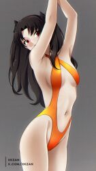 1girl absurdres armpits arms_up black_hair breasts clothing_cutout commentary_request fate/grand_order fate_(series) grey_background highres ishtar_(fate) long_hair navel one-piece_swimsuit orange_one-piece_swimsuit red_eyes simple_background small_breasts solo stomach swimsuit two_side_up very_long_hair xkzan
