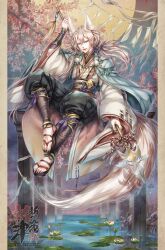 Rule 34 | 1boy, animal ear fluff, animal ears, baggy pants, blonde hair, blue eyes, doro (sabarudoro), fangs, fingernails, fox boy, fox ears, fox tail, full body, haori, highres, holding, holding polearm, holding weapon, jacket, jacket on shoulders, japanese clothes, kimono, long hair, looking at viewer, male focus, outdoors, pants, pixiv fantasia, pixiv fantasia t, polearm, sandals, sharp fingernails, sharp toenails, solo, tail, toenails, weapon, white kimono, zouri