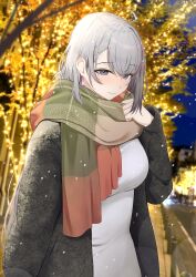 1girl absurdres ahoge black_coat breasts closed_mouth coat dress earrings ember_amane green_scarf grey_eyes grey_hair highres jewelry kishiro_(mameyamu_matu) long_hair multicolored_scarf night night_sky open_clothes open_coat orange_scarf outdoors phase_connect scarf second-party_source sky snowing solo virtual_youtuber white_dress