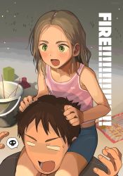 Rule 34 | 1boy, 1girl, blank eyes, blue shorts, blush, brown hair, bucket, camisole, carrying, green eyes, highres, masuda (yousaytwosin), open mouth, original, pink camisole, shorts, shoulder carry, spoken skull, wide-eyed