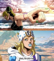 1boy 1girl blonde_hair blue_eyes blue_lips boku_no_hero_academia braid bun_with_braided_base butterfly_tattoo commentary cone_hair_bun double_bun genda_art green_hair green_lips hair_bun hat heart_ornament highres hood hoodie horseshoe horseshoe_hat_ornament horseshoe_ornament johnny_joestar jojo_no_kimyou_na_bouken kuujou_jolyne lipstick makeup multicolored_hair pompadour spider_web_print star_(symbol) star_print steel_ball_run stone_ocean tattoo two-tone_hair