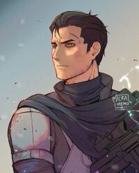 1boy black_hair closed_mouth commentary english_commentary fallout fallout_3 green_eyes grey_jacket gun jacket looking_to_the_side male_focus milramemo scope signature solo twitter_username upper_body weapon