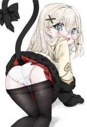 1girl absurdres all_fours animal_hands ass black_bow black_pantyhose blue_eyes bow cat_tail clothes_pull coat commentary commission feet_out_of_frame from_behind fur-trimmed_coat fur_trim glasses gloves hair_ornament hanakonenne highres long_hair long_sleeves looking_at_viewer looking_back miniskirt open_mouth original panties pantyhose pantyhose_pull paw_gloves pleated_skirt red_skirt round_eyewear simple_background skirt solo tail tail_bow tail_ornament underwear wavy_mouth white_background white_hair white_panties x_hair_ornament yellow_coat