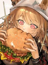 Rule 34 | + +, 1girl, a6 9s rinlin, animal ears, arknights, artist name, black jacket, brown hair, bucket hat, burger, ceobe (arknights), ceobe (unfettered) (arknights), commentary, dog ears, dog girl, eating, food, hands up, hat, highres, holding, holding burger, holding food, jacket, long hair, long sleeves, looking at food, portrait, red eyes, solo, sparkle, white hat