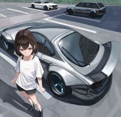 1girl absurdres black_shoes black_shorts blush closed_mouth hair_between_eyes highres irv_v12 looking_at_viewer medium_hair mercedes-benz original shirt shoes short_sleeves shorts sidelocks smile solo supra white_shirt
