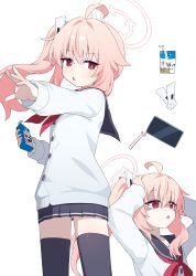 1girl absurdres ahoge arms_up black_sailor_collar black_skirt black_thighhighs blue_archive blush cardigan cellphone chestnut_mouth cowboy_shot dot_nose drinking_straw hagoonha hair_ornament half-closed_eyes halo hand_up hands_on_own_head highres loli long_hair long_sleeves looking_at_viewer milk_carton miniskirt multiple_views natsu_(blue_archive) neckerchief open_mouth outstretched_arm panties panties_peek phone pink_hair pink_halo pleated_skirt red_eyes red_neckerchief sailor_collar shaded_face side_ponytail simple_background skirt smartphone tearing_up thighhighs thighs triangle_mouth underwear upper_body white_background white_cardigan white_panties zettai_ryouiki