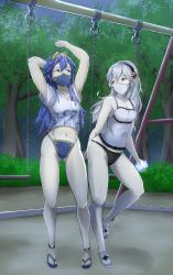 2girls artist_request black_panties blue_eyes blue_hair blue_mask coronavirus coronavirus_pandemic female_corrin_(fire_emblem) fire_emblem fire_emblem_awakening fire_emblem_fates full_body hairband highres lucina_(fire_emblem) mask midriff mouth_mask multiple_girls navel night nintendo pandemic panties playground red_eyes sandals swing tiara underwear vidolus white_hair white_mask