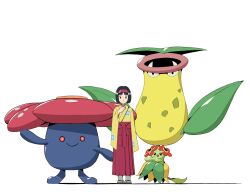 1girl bellossom black_eyes black_hair closed_mouth erika_(pokemon) gen_1_pokemon gen_2_pokemon hairband hakama hakama_skirt hand_up hashtag-only_commentary highres japanese_clothes kimono looking_at_viewer nintendo pokemon pokemon_(creature) pokemon_frlg psaber97 red_hairband red_hakama sandals short_hair skirt smile socks standing victreebel vileplume white_background yellow_kimono