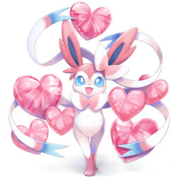 Rule 34 | :d, blue eyes, fangs, gen 6 pokemon, heart, highres, looking at viewer, misubaru rin, nintendo, no humans, open mouth, pink fur, pokemon, pokemon (creature), simple background, smile, sylveon, two-tone fur, white background, white fur