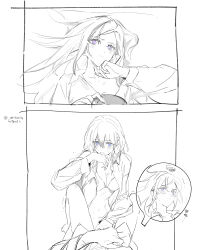Rule 34 | 2girls, absurdres, after cunnilingus, artuvia, bite mark, blue eyes, blush, bottomless, bra, breasts, cleavage, closed mouth, collared shirt, edelgard von hresvelg, female byleth (fire emblem), fire emblem, fire emblem: three houses, greyscale, hickey, highres, licking own finger, medium breasts, monochrome, multiple girls, nintendo, open clothes, open shirt, purple eyes, pussy juice on face, shirt, spot color, squiggle, sweat, tongue, tongue out, twitter username, underwear, yuri