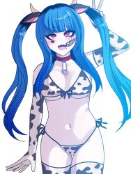 amemiya_darumi animal_ears animal_print black_hair blue_hair collarbone cow_ears cow_horns cow_print cow_print_bikini cow_print_gloves cow_print_thighhighs cowkini eyelashes eyeliner eyeshadow face_piercing hand_up heart horns lip_piercing long_hair makeup multicolored_hair navel navel_piercing open_mouth pale_skin piercing pink_eyes print_bikini print_gloves print_thighhighs runny_makeup safety_pin teeth the_hundred_line_-last_defense_academy- tongue twintails upper_teeth_only v