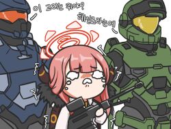 Rule 34 | 1girl, 2boys, ?, aru (blue archive), blue archive, bluessing, gun, halo, halo (game), helmet, korean text, multiple boys, school uniform, weapon, white background