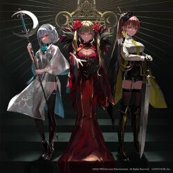 3girls aiguillette album_cover belt black_belt black_corset black_dress black_footwear black_gloves black_headwear black_jacket black_pants black_thighhighs blunt_bangs boots braid breasts brooch brown_hair claymore_(sword) cleavage cleavage_cutout clothing_cutout copyright_name corset cover crescent_moon dress earrings evening_gown expressionless flower flower_brooch flower_earrings frown fur-trimmed_dress fur_trim furen_e_lustario gloves gold_trim grey_hair hair_flower hair_ornament hairband hakase_fuyuki high-waist_shorts high_heel_boots high_heels highres holding holding_staff holding_sword holding_weapon jacket jacket_on_shoulders jewelry lam_(ramdayo) large_breasts long_sleeves looking_at_viewer low_ponytail medium_breasts moon multiple_girls necklace necktie nijisanji open_clothes open_jacket outstretched_hand pants pendant ponytail pumps purple_eyes red_dress red_eyes see-through_clothes shirt shoes shorts side_ponytail sidelocks smile spiked_headband staff stairs standing stiletto_heels swept_bangs sword takamiya_rion thigh_boots thighhighs triangle_hair_ornament triangle_print trinity_(nijisanji) twintails two-sided_fabric two-sided_jacket virtual_youtuber weapon white_hair white_shirt wide_sleeves yellow_jacket yellow_necktie