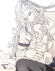 1boy 1girl bow closed_eyes fatherly frilled_sleeves frills genshin_impact hair_ornament highres hug long_hair long_sleeves melusine_(genshin_impact) monochrome neuvillette_(genshin_impact) short_sleeves sigewinne_(genshin_impact) sitting sitting_on_lap sitting_on_person size_difference skirt smile tail tanuki_nishi white_hair