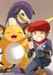 1boy ^_^ absurdres black_hair black_shirt blue_jacket blue_pants brown_sandals closed_eyes closed_mouth commentary_request facing_viewer galaxy_expedition_team_survey_corps_uniform gen_1_pokemon grey_background grin happy hat highres hisuian_typhlosion jacket male_focus nintendo on_one_knee open_mouth pants partial_commentary pokemon pokemon_(creature) pokemon_legends:_arceus raichu red_hat red_scarf rei_(pokemon) sandals scarf shirt short_hair signature simple_background smile teeth thumbs_up twitter_username undershirt watagashikn