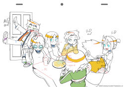 3boys 4girls ahoge animation_paper artist_request closed_eyes color_trace commentary_request door glasses highres julie_powers kim_pine knives_chau medium_hair multiple_boys multiple_girls notes official_art open_mouth ponytail production_art scott_pilgrim scott_pilgrim_(series) scott_pilgrim_takes_off second-party_source short_hair simple_background sketch stacey_pilgrim stephen_stills translation_request wallace_wells white_background
