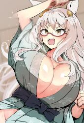 Rule 34 | 1girl, absurdres, ahoge, akizuki shigure, alternate costume, animal ears, biwa hayahide (umamusume), blush, breasts, cleavage, commentary request, ear ornament, grey hair, hair between eyes, hair ornament, highres, holding, holding paddle, horse ears, horse girl, huge breasts, long hair, motion blur, open mouth, paddle, red-framed eyewear, semi-rimless eyewear, solo, table tennis, table tennis paddle, teeth, umamusume, upper body, upper teeth only, very long hair, yellow eyes