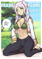1girl alternate_breast_size bikini bikini_top_only black_pantyhose blue_sky breasts capelet closed_mouth day earrings elf english_text frieren green_bikini green_eyes grey_hair jewelry kneeling medium_breasts outdoors pantyhose pointy_ears redjet skirt sky solo sousou_no_frieren speech_bubble swimsuit tree twintails white_capelet white_skirt