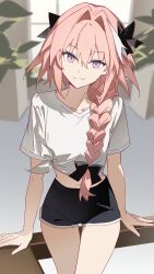 1boy astolfo_(fate) black_bow black_shorts bow braid braided_ponytail dolphin_shorts fang fate/grand_order fate_(series) hair_bow hair_intakes highres long_hair looking_at_viewer male_focus midriff multicolored_hair navel pink_hair purple_eyes shirt short_shorts short_sleeves shorts skin_fang smile solo streaked_hair thighs tied_shirt trap white_hair white_shirt wuliwuli909