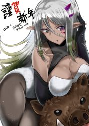 Rule 34 | 1girl, 2019, animal, bare shoulders, black gloves, boar, breasts, chinese zodiac, cleavage, covered collarbone, dark-skinned female, dark elf, dark skin, dated, elf, facial mark, female focus, gloves, gradient hair, green eyes, green hair, grey pantyhose, hair between eyes, hand up, heterochromia, highres, large breasts, leotard, light particles, mi mi ham, multicolored hair, new year, open mouth, original, pantyhose, pink eyes, pointy ears, silver hair, solo, straight hair, two-tone hair, white leotard, year of the pig