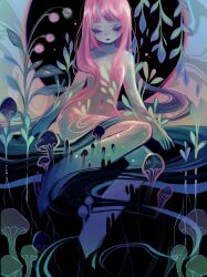 absurdly_long_hair colored_skin eyelashes feefal gradient_skin highres leaf lips long_hair mole monster_girl mushroom navel nude original pink_hair plant plant_girl procreate_(medium) sitting very_long_hair