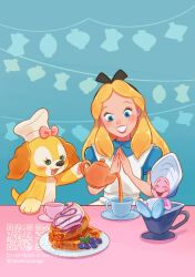 2girls alice_(disney) alice_in_wonderland_(disney) animal_ears animification apron blonde_hair blue_dress bow character_request cookieann dog_ears dog_girl dress duffy_and_friends hairband highres long_hair looking_at_viewer multiple_girls personification short_sleeves smile takatmaorange white_apron