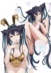 1girl absurdres alternate_costume animal_ears barefoot black_choker black_hair black_nails breasts bubble choker commentary_request completely_nude convenient_censoring covered_navel feet goddess_of_victory:_nikke gold_leotard green_hair hair_intakes highres large_breasts leotard little_mermaid_(nikke) long_hair looking_at_viewer multicolored_hair multiple_views nail_polish nude parted_lips playboy_bunny rabbit_ears ramuneogura simple_background smile toenail_polish toenails toes translation_request twintails two-tone_hair very_long_hair white_background yellow_eyes