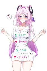 ! 1girl alternate_costume blue_eyes braid breasts citlali_(genshin_impact) cleavage embarrassed facial_mark genshin_impact hands_up highres long_hair looking_at_viewer pink_hair pink_pupils shirt short_sleeves simple_background solo soymilk_arts2 spoken_exclamation_mark triangle triangle_facial_mark twitter_cutting_game twitter_strip_game v-shaped_eyebrows white_background