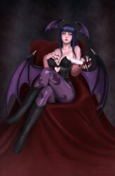Rule 34 | 1girl, alcohol, animal print, ankle boots, bare shoulders, bat print, bat wings, black background, black nails, blue hair, boots, breasts, chair, chisakikato, cleavage, clothing cutout, collarbone, cosplay, cup, darkstalkers, drinking glass, feather trim, fingerless gloves, fingernails, gloves, grey background, hair over breasts, hair over shoulder, hand on own chest, head wings, heart cutout, highres, holding, holding cup, hyuuga hinata, large breasts, leotard, light blush, lipstick, long fingernails, long hair, looking at viewer, makeup, morrigan aensland, morrigan aensland (cosplay), multiple wings, naruto (series), naruto shippuuden, open mouth, pink lips, sidelocks, sitting, thighhighs, white eyes, wine, wine glass, wings