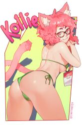 1girl absurdres animal_ears artist_name ass bikini breasts cat_ears cat_girl cat_tail glasses green_bikini highres large_breasts norasuko original shiny_skin smile solo swimsuit tail