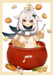 1girl bad_id bad_pixiv_id blue_eyes blush cape carrot celery dress emergency_food female_focus food fork genshin_impact hair_between_eyes halo highres looking_at_viewer mushroom onion open_mouth paimon_(genshin_impact) pot potato scarf short_hair solo soup sugar_cube white_dress white_hair xoaiu