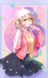 1girl absurdres arm_behind_back azusawa_kohane backwards_hat baseball_cap black_skirt blonde_hair blush breasts cellphone character_name earbuds earphones hair_between_eyes hat heart heart_necklace heart_print highres holding holding_phone hood hooded_jacket jacket jewelry long_sleeves looking_at_viewer necklace open_clothes open_jacket phone pink_jacket polka_dot polka_dot_skirt project_sekai shirt short_twintails skirt smartphone solo twintails white_hat yellow_eyes yellow_shirt yuckpo_(jerky_55)