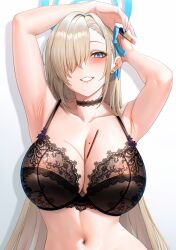 1girl absurdres aki_yama73 armpits arms_up asuna_(blue_archive) between_breasts black_bra black_choker blue_archive blue_eyes blue_halo blue_ribbon blush bra breasts choker cleavage earrings female_focus food gradient_background hair_intakes hair_over_one_eye hair_ribbon halo hashtag-only_commentary highres jewelry lace lace-trimmed_bra lace-trimmed_choker lace_trim large_breasts light_brown_hair lingerie lipstick long_hair looking_at_viewer makeup mole mole_on_breast navel pocky pocky_day ribbon simple_background smile solo stud_earrings underwear underwear_only very_long_hair white_background