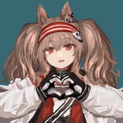 1girl :o angelina_(arknights) animal_ears arknights black_collar black_gloves black_shirt blue_background brown_hair chinese_commentary coat collar commentary_request earpiece fox_ears gloves hairband hands_up heart heart_hands highres infection_monitor_(arknights) jacket layered_shirt long_hair long_sleeves looking_at_viewer no_nose open_clothes open_coat open_jacket open_mouth red_eyes red_hairband red_jacket shirt simple_background solo straight-on striped_clothes striped_hairband twintails two-tone_hairband unzipped upper_body user_hmpv3535 white_coat