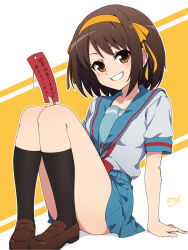 Rule 34 | 1girl, black socks, blue sailor collar, blue skirt, blush, brown eyes, brown hair, brown shoes, collarbone, commentary request, grin, hair ribbon, hairband, highres, holding, holding tanzaku, kita high school uniform, kneehighs, knees up, loafers, looking at viewer, necono (nekonosora1207), red ribbon, ribbon, sailor collar, school uniform, serafuku, shoes, short sleeves, sitting, skirt, smile, socks, solo, summer uniform, suzumiya haruhi, suzumiya haruhi no yuuutsu, tanzaku, teeth, thighs, yellow hairband, yellow ribbon