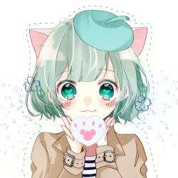 1boy animal_ears cat_ears closed_mouth duffy_and_friends gelatoni green_eyes green_hair hat highres holding humanization long_sleeves looking_at_viewer male_focus mickey_mouse_(symbol) mmmm_n18 shirt simple_background smile solo white_background