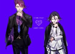 Rule 34 | 2boys, arm across waist, arm belt, belt, black hair, buttons, checkered clothes, commentary, danganronpa (series), danganronpa v3: killing harmony, english commentary, facial hair, flipped hair, formal clothes, goatee, hair between eyes, hand in pocket, heart, height difference, jacket, jacket partially removed, long sleeves, male focus, medium hair, momota kaito, multiple boys, necktie, oma kokichi, on (onon2659), one eye closed, open mouth, pants, purple background, purple eyes, purple hair, shirt, short hair, simple background, smile, spiked hair, standing, starry sky print, suit, thigh belt, thigh strap, upper body, white suit