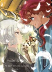 2girls ahoge chinese_text commentary_request english_text engrish_text eye_contact feathers formal_clothes green_eyes grey_eyes gundam gundam_suisei_no_majo highres jacket long_hair looking_at_another miorine_rembran multiple_girls official_alternate_hairstyle ponytail ranguage red_hair short_hair signature smile soichi55555 spacesuit suit suletta_mercury thick_eyebrows water watermark white_hair yuri