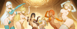 Rule 34 | 6+girls, abs, absurdres, bdsm, black hair, blonde hair, blue eyes, breast curtains, breasts, cameltoe, closed eyes, collar, covered erect nipples, curly hair, dancer, dancing, dark-skinned female, dark skin, egc0212, elbow gloves, elf, facial tattoo, female focus, gloves, gold collar, green eyes, harem, harem outfit, high ponytail, highres, jewelry, large breasts, long hair, looking at viewer, matching hair/eyes, matching outfits, medium hair, multiple girls, navel, orange eyes, orange hair, original, pointy ears, ponytail, red eyes, revealing clothes, slave, smile, stomach, tattoo, thighhighs, thighs, toned, toned female, white hair