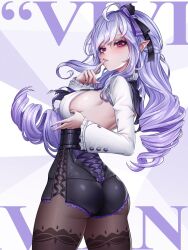 Rule 34 | 1girl, ahoge, ass, black nails, black pantyhose, black shorts, breasts, character name, clothes pull, dankira, drill hair, from side, hashtag-only commentary, high-waist shorts, highres, large breasts, long hair, pantyhose, parted lips, pointy ears, purple hair, red eyes, shirt, shorts, sideboob, solo, vivian banshee, white shirt, zenless zone zero
