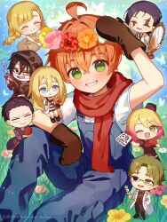 3girls 5boys ;d abraham_gray_(satsuriku_no_tenshi) ahoge artist_name bag blank_eyes blonde_hair blue_eyes blue_overalls blunt_bangs boots braid brown_boots brown_gloves cathy_(satsuriku_no_tenshi) character_request chibi coat commentary danny_(satsuriku_no_tenshi) eddie_(satsuriku_no_tenshi) flower flower_wreath gloves gradient_hair grass green_eyes grin hair_between_eyes happy_birthday highres holding holding_mirror isaac_foster knee_up lab_coat long_hair long_sleeves looking_at_viewer mirror multicolored_hair multiple_boys multiple_girls nene_man on_grass one_eye_closed open_mouth orange_hair overalls parted_lips pink_hair purple_coat purple_hair rachel_gardner red_gloves red_scarf satsuriku_no_tenshi scar scar_on_face scarf shirt short_hair short_sleeves sitting smile striped_clothes striped_shirt sweatdrop thick_eyebrows twin_braids twitter_username white_shirt