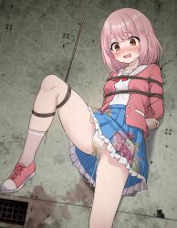 1girl absurdres arms_behind_back bdsm blue_skirt blush bondage bound braid breasts brown_eyes frills highres hoshizaki_akari jacket leg_up manbo2024 miniskirt ongeki open_clothes open_mouth panties pee peeing peeing_self pink_hair pink_jacket pleated_skirt rope school_uniform shirt shoes skirt small_breasts socks solo tears teeth underwear upper_teeth_only wet wet_clothes wet_panties white_panties white_shirt