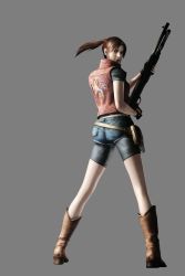 Rule 34 | 1girl, 3d, absurdres, bag, bike shorts, boots, brown hair, claire redfield, fingerless gloves, gloves, gun, highres, jacket, official art, ponytail, resident evil, satchel, shorts, shotgun, weapon