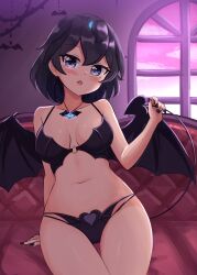 Rule 34 | 1girl, absurdres, bat necklace, bikini, black bikini, black hair, black nails, blue eyes, bob cut, couch, demon tail, demon wings, fang, head tilt, highres, holding own tail, indoors, jewelry, kemono friends, looking at viewer, multi-strapped bikini bottom, navel, necklace, o-ring, o-ring bikini, on couch, shiraha maru, short hair, sitting, solo, superb bird-of-paradise (kemono friends), swimsuit, tail, thigh gap, window, wings