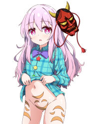 1girl aqua_shirt blush bow bowtie buttons circle clothes_lift collared_shirt commentary_request gluteal_fold groin hannya hata_no_kokoro hiro_(pqtks113) loli long_hair long_sleeves looking_at_viewer mask mask_on_head navel noh_mask open_mouth pink_eyes pink_hair purple_bow purple_bowtie reverse_outfit shirt shirt_lift simple_background solo star_(symbol) touhou very_long_hair white_background