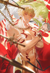 Rule 34 | 1boy, 1other, abs, absurdres, androgynous, armored gloves, blonde hair, crossed arms, earrings, enkidu (fate), enkidu (weapon) (fate), fate/grand order, fate (series), gate of babylon (fate), gilgamesh (fate), gloves, green hair, highres, jewelry, long hair, male focus, necklace, no shirt, official alternate costume, other with male, red eyes, robe, shei99, short hair, single glove, smile, tattoo, toga, white robe
