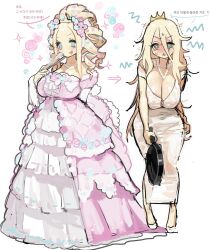 1girl :&lt; bare_shoulders blonde_hair blush breasts cleavage collarbone crown dress earrings eeeeee03714610 elbow_gloves flower full_body gloves hair_flower hair_ornament high_heels highres jewelry large_breasts long_hair mario_(series) messy_hair necklace nintendo off-shoulder_dress off_shoulder pearl_necklace princess_peach simple_background smile standing strapless strapless_dress tiara translation_request white_background white_dress