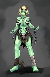 1girl abs barefoot black_background blonde_hair blush body_markings breast_tattoo breasts chain colored_skin cuffs facial_mark facial_tattoo green_skin grey_background highres horns jewelry large_breasts looking_at_viewer monster_girl monster_girl_encyclopedia muscular muscular_female necklace no_nipples ogre ogre_(monster_girl_encyclopedia) pointy_ears red_eyes restraints revealing_clothes shackle shackles shadow short_hair simple_background skull slit_pupils smile smirk tattoo thick_thighs thighs toned toned_female toned_stomach topless_female udetamago
